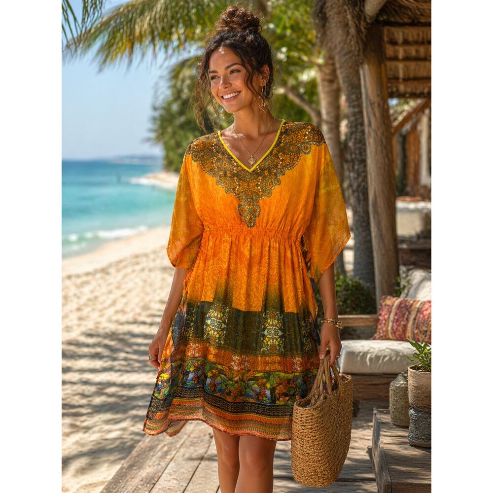 Speed Control Caftan Dress 2X Orange‎ Boho Beach Cover Up Sheer Resort
